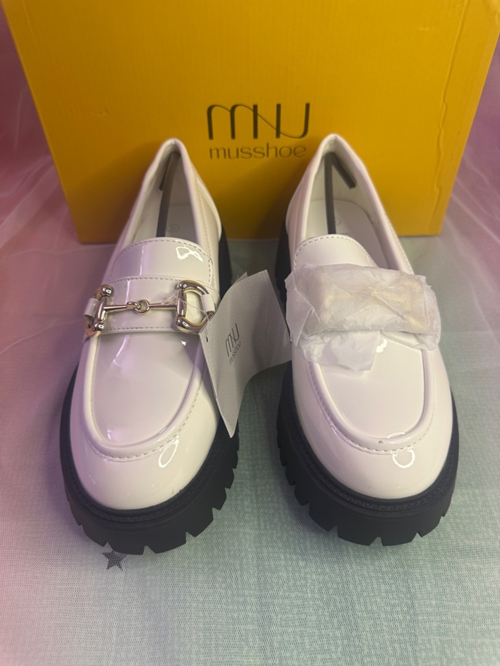 Musshoe White Patent Loafers with Chunky Black Lug Sole
